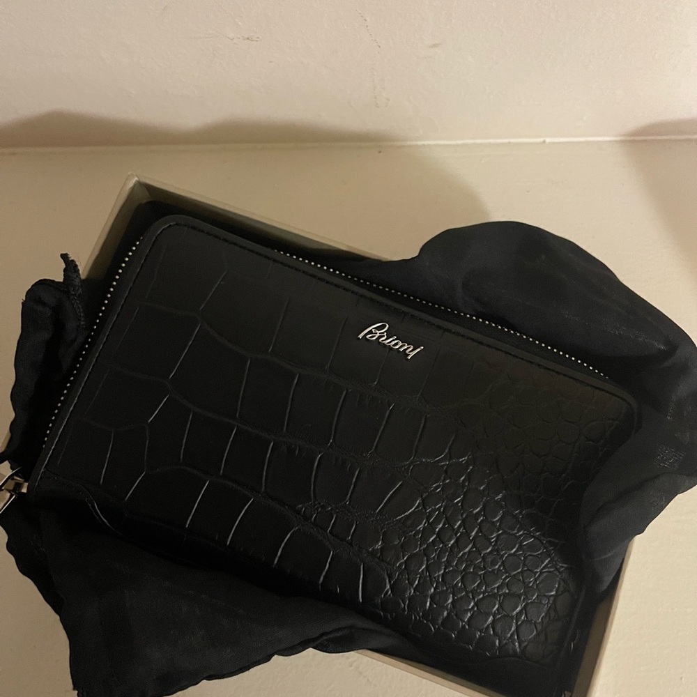 Brioni black leather wristlet travel